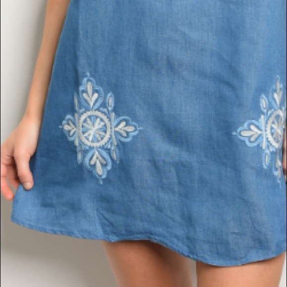 Indigo embroidered denim chambray tunic dress. - Picture 4 of 6